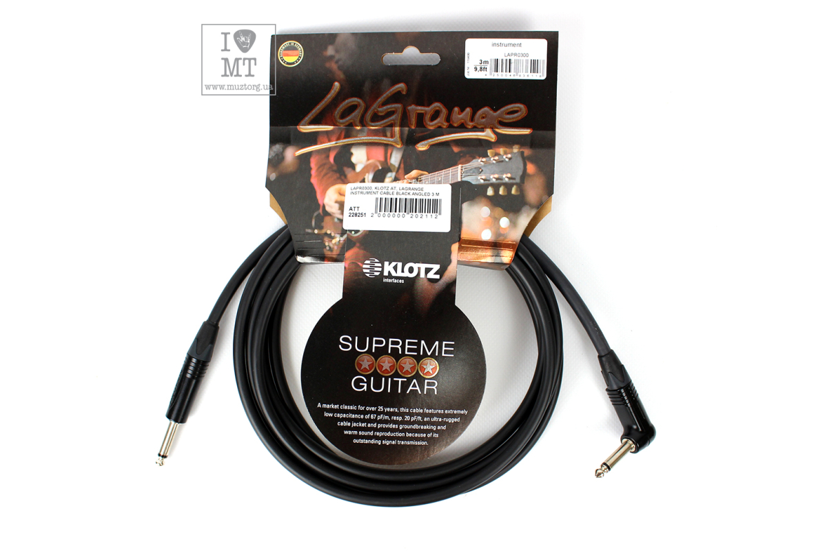 Кабель инструментальный KLOTZ LAGRANGE INSTRUMENT CABLE BLACK ANGLED 3 M