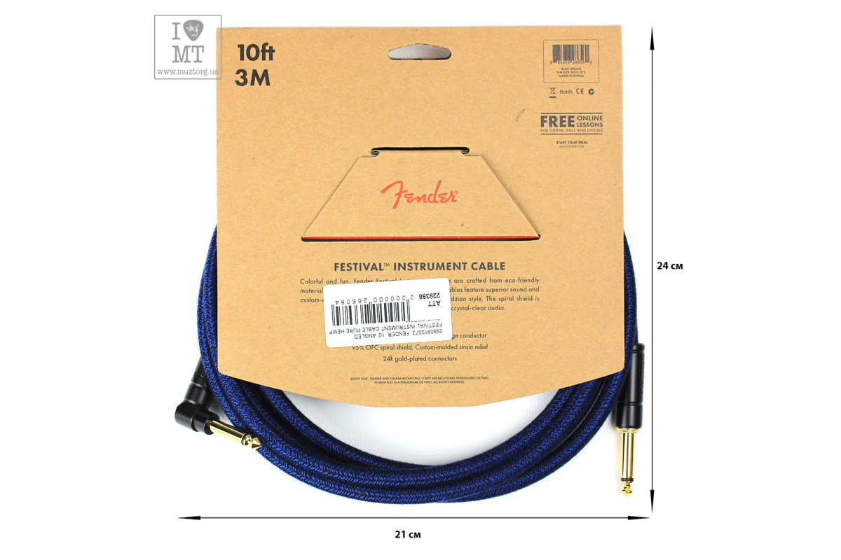 Кабель инструментальный FENDER 10' ANGLED FESTIVAL INSTRUMENT CABLE PURE HEMP BLUE DREAM