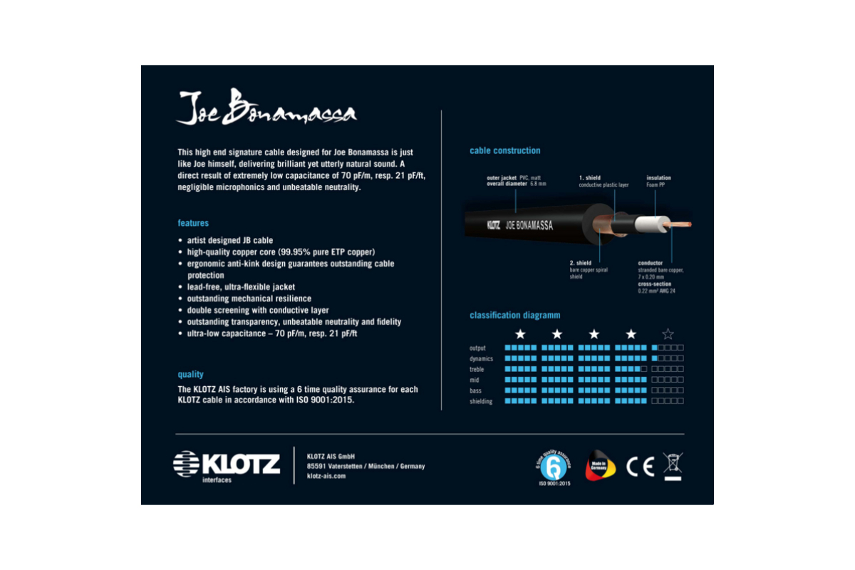 Кабель инструментальный KLOTZ JOE BONAMASSA GUITAR CABLE 6M